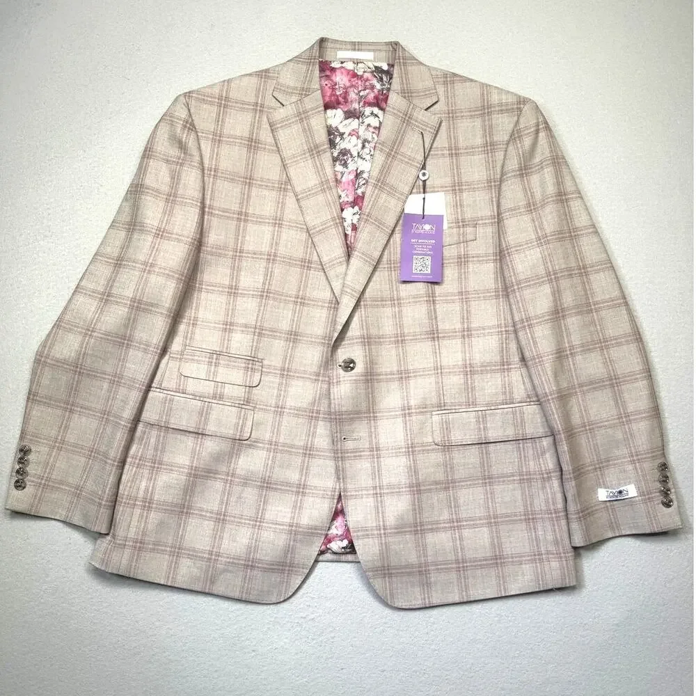 Tayion Collection Mens Regular-Fit Suit Jacket windowpane Tan/pink 44S $360